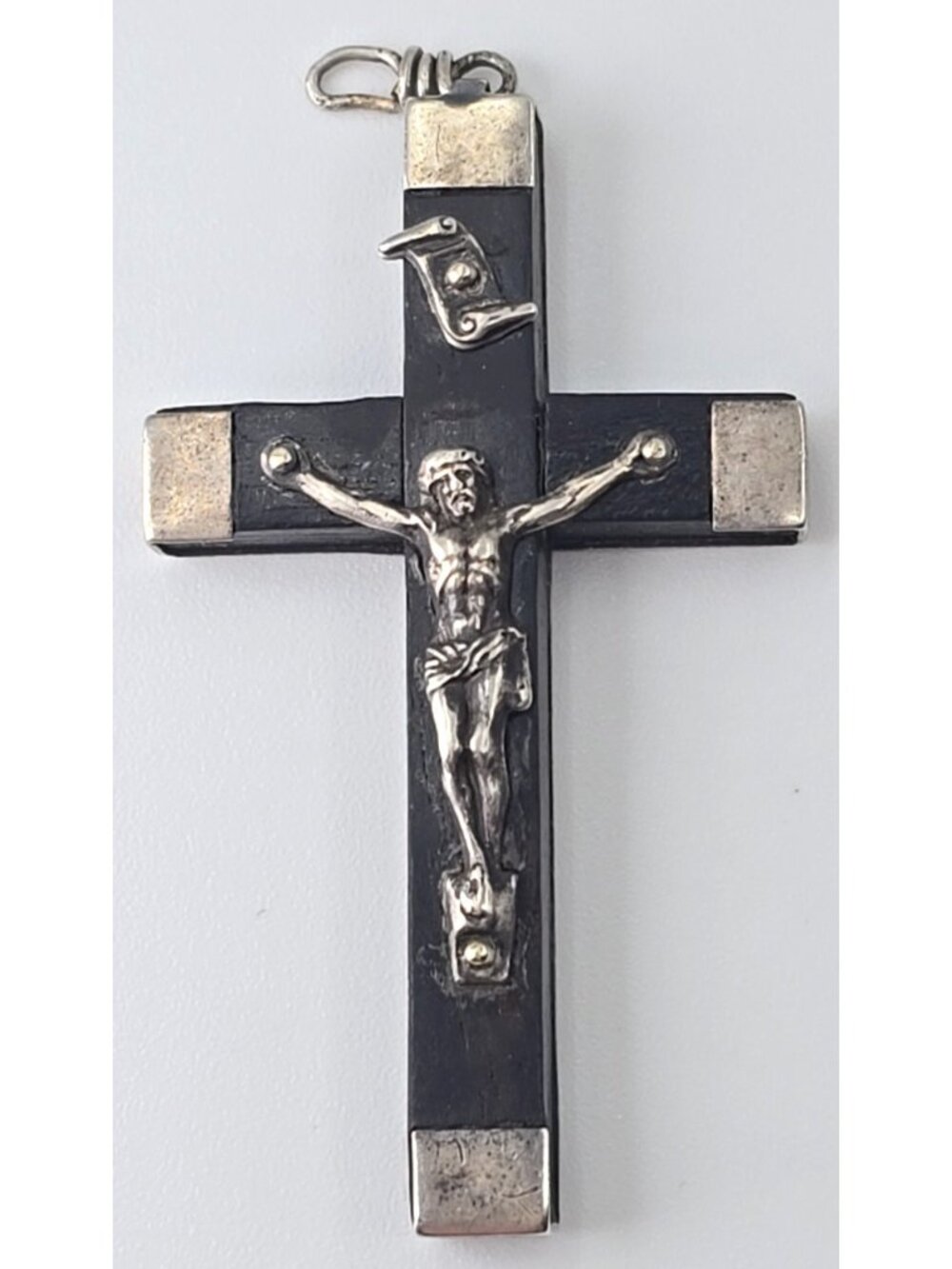 Vintage French Sterling Silver Ebony Crucifix Pendant Catholic Criss Marked 2"